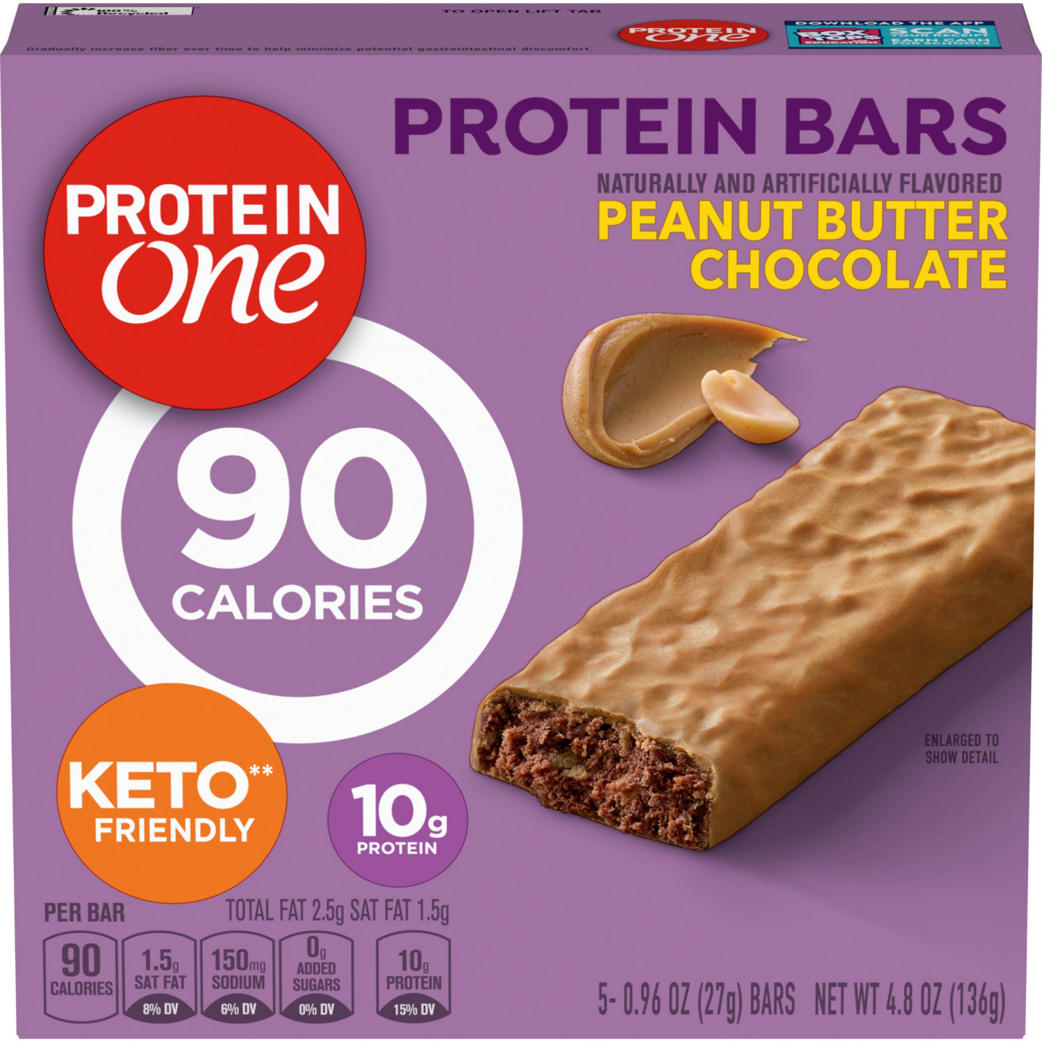 slide 1 of 6, Protein One 90 Calorie Protein Bars, Peanut Butter Chocolate, Keto Friendly, 5 Ct, 4.8 oz, 5 ct; 0.96 oz