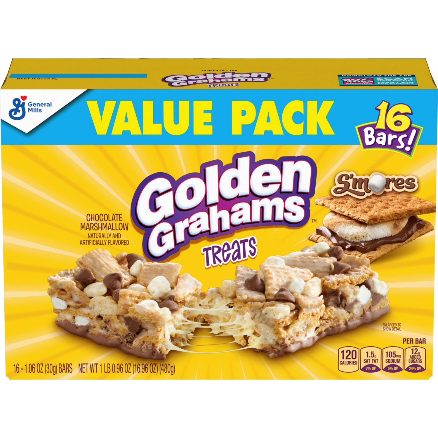 slide 1 of 6, Golden Grahams Cereal Treat Bars, S'mores, Snack Bars, Value Pack, 16 Ct, 16.96 oz, 16 ct