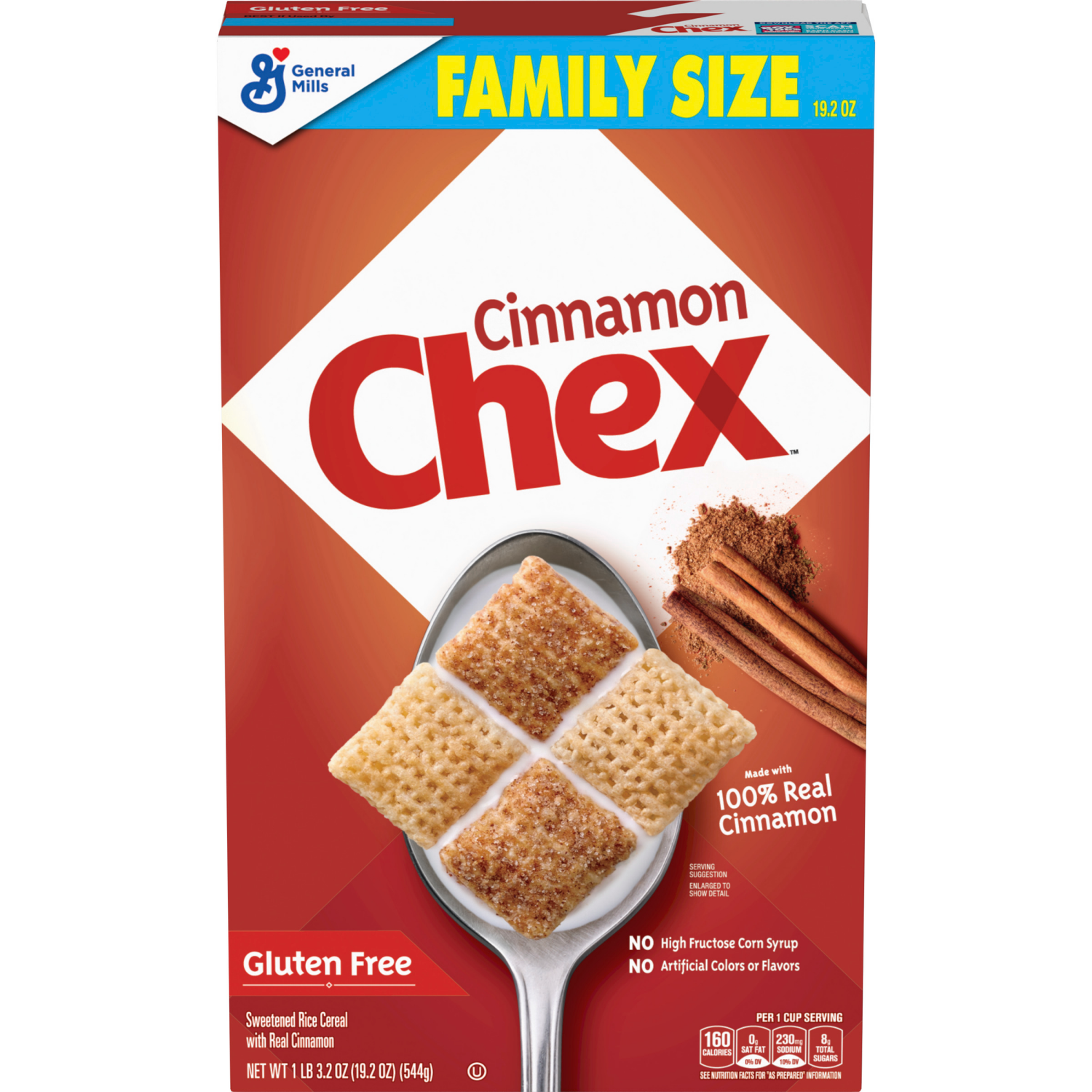 slide 8 of 8, Chex Cinnamon Chex Cereal, Gluten Free Breakfast Cereal, Made with Whole Grain, Family Size, 19.2 oz, 19.2 oz