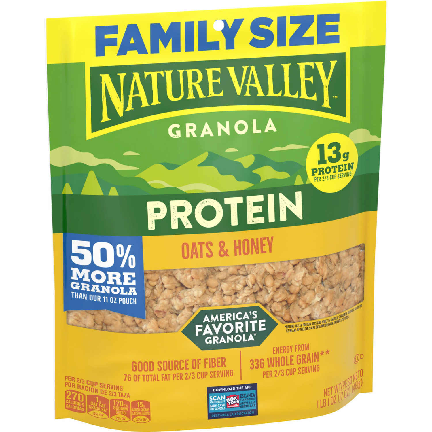 slide 5 of 6, Nature Valley Protein Granola, Oats and Honey Granola, Resealable Snack Pouch, Family Size, 17 oz, 17 oz