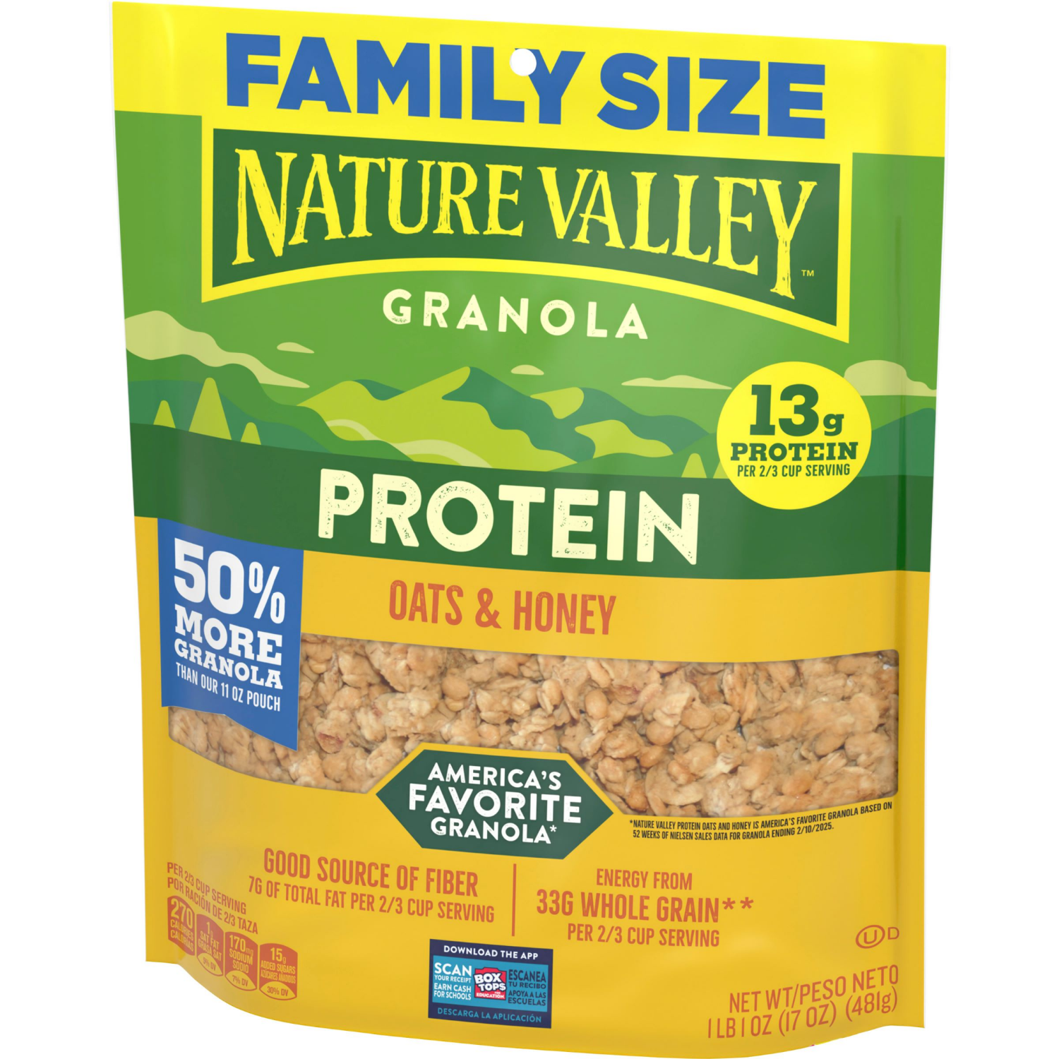 slide 6 of 6, Nature Valley Protein Granola, Oats and Honey Granola, Resealable Snack Pouch, Family Size, 17 oz, 17 oz