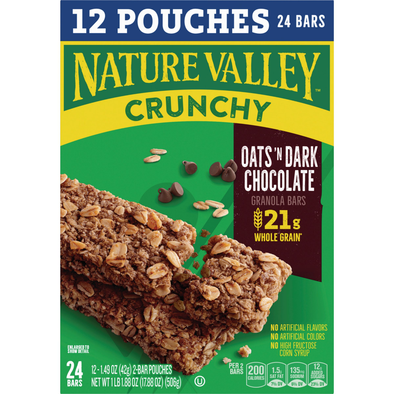 slide 2 of 6, Nature Valley Crunchy Granola Bars, Oats 'n Dark Chocolate, 24 Bars, 17.88 OZ (12 Pouches), 24 ct