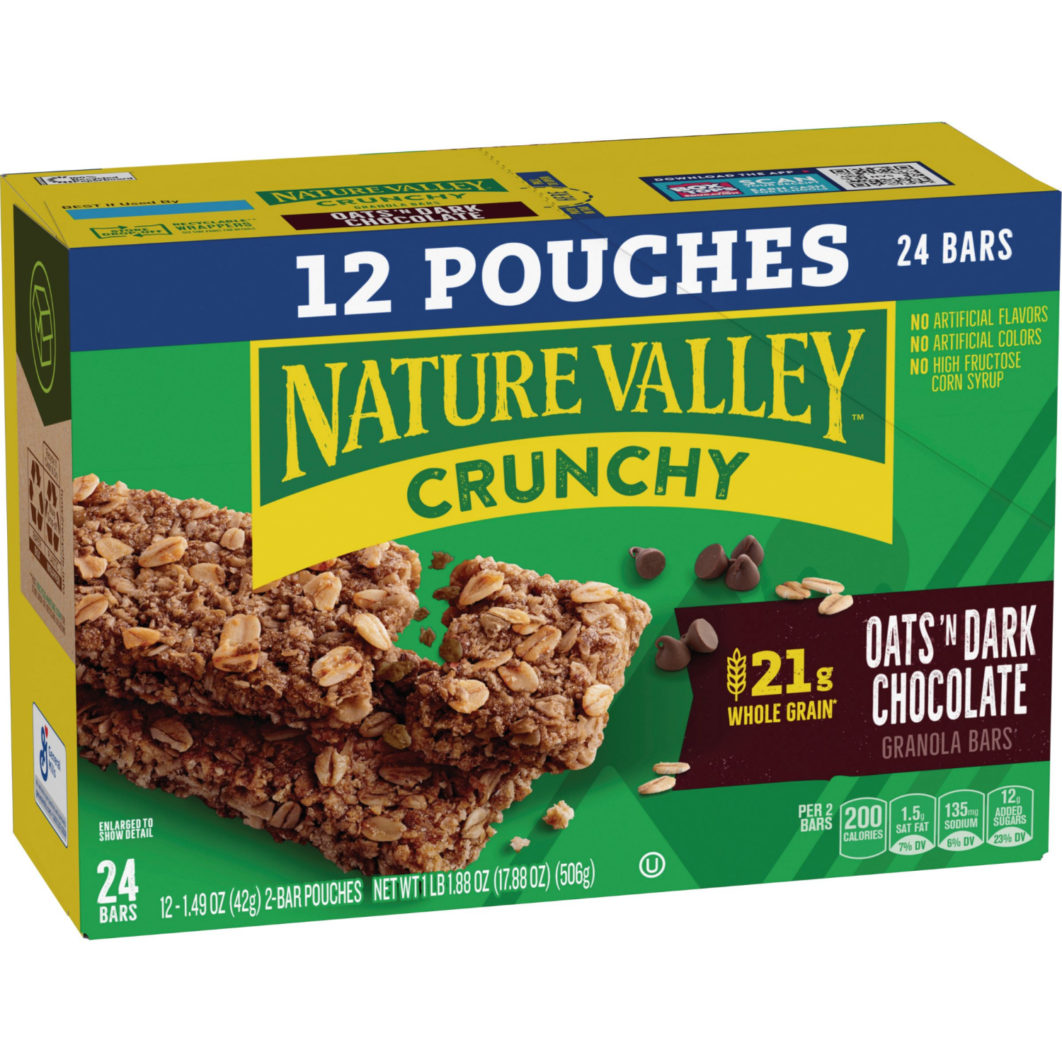 slide 5 of 6, Nature Valley Crunchy Granola Bars, Oats 'n Dark Chocolate, 24 Bars, 17.88 OZ (12 Pouches), 24 ct