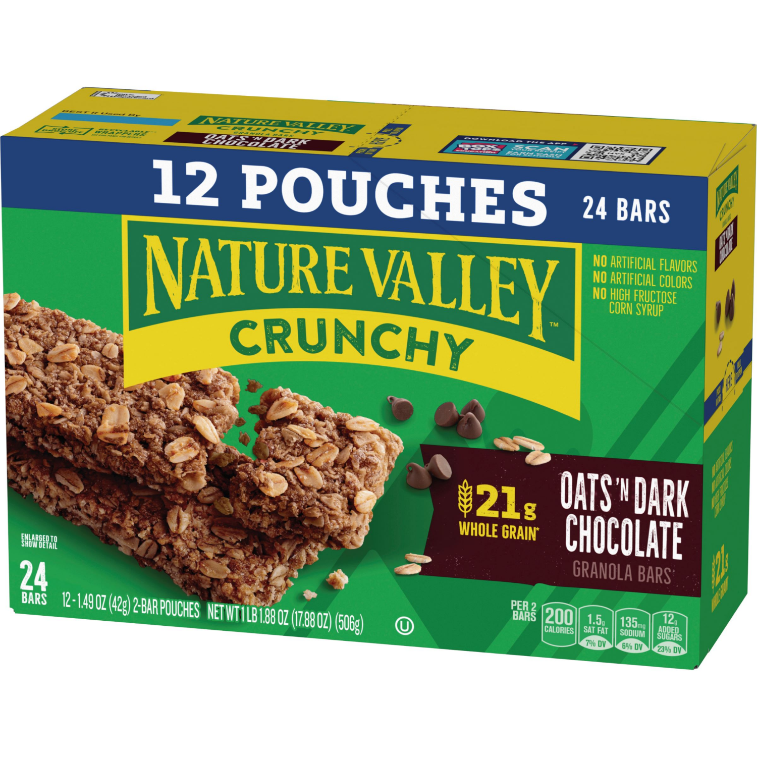 slide 6 of 6, Nature Valley Crunchy Granola Bars, Oats 'n Dark Chocolate, 24 Bars, 17.88 OZ (12 Pouches), 24 ct