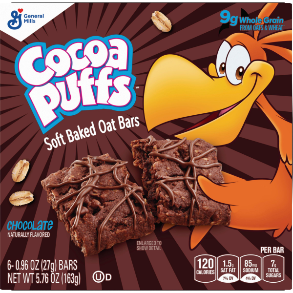 slide 8 of 13, Cocoa Puffs Soft Baked Oat Bars, Chewy Chocolate Flavored Snacks, Made With Whole Grain, 5.76 oz (6 Bars), 6 ct