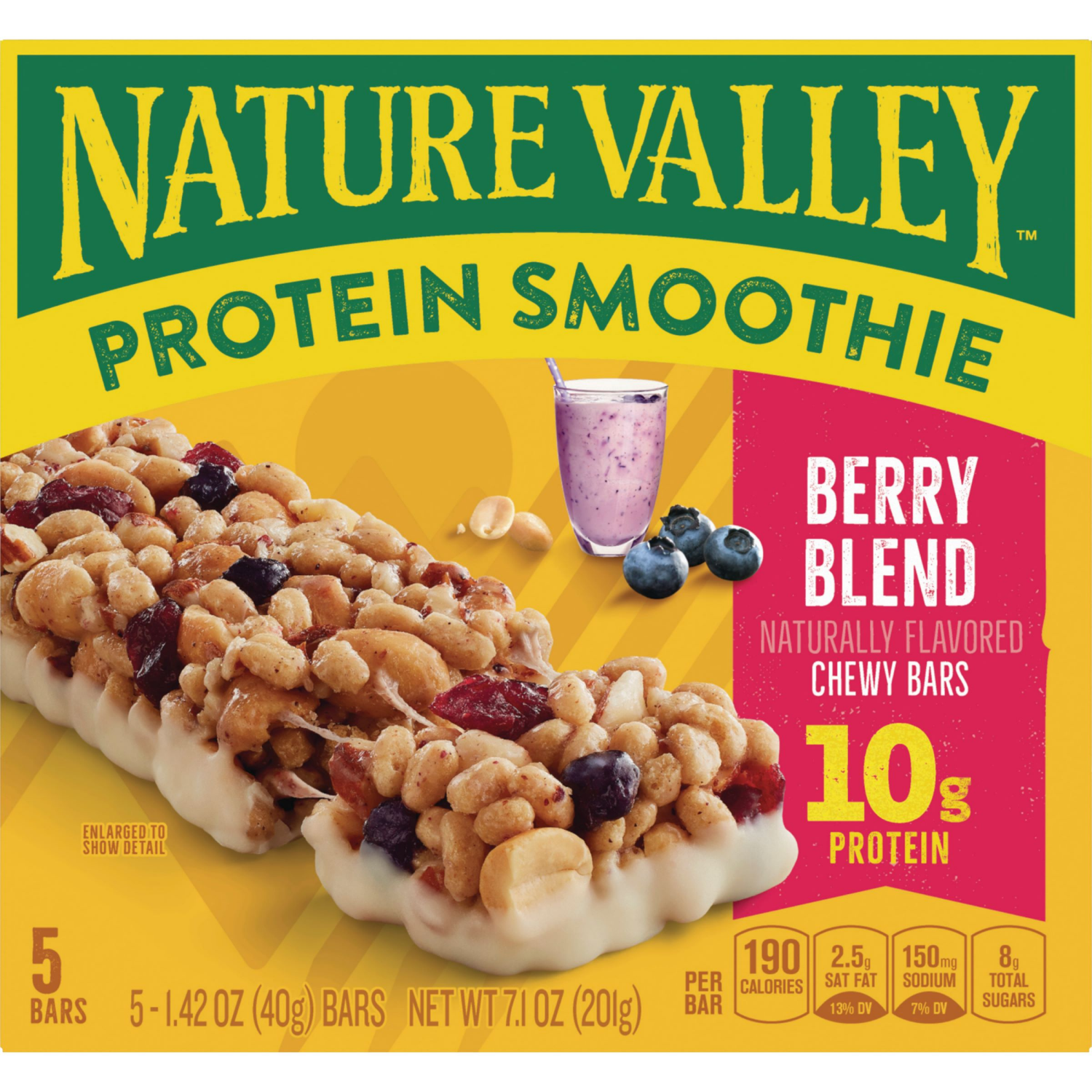slide 1 of 6, Nature Valley Protein Smoothie Chewy Snack Bars, Berry Blend Protein Bars, 5 Bars, 7.1 oz, 5 ct