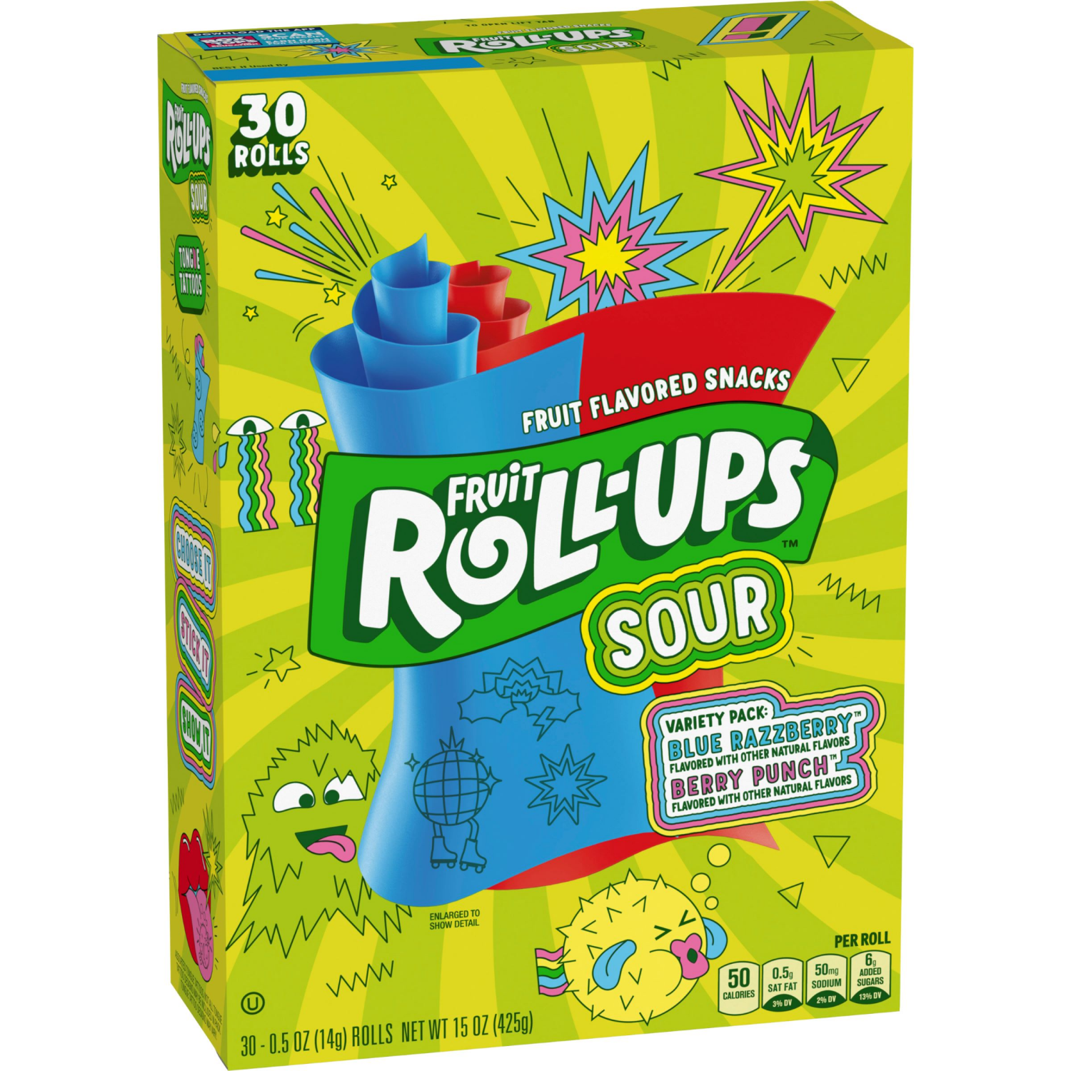 slide 5 of 6, Fruit Roll-Ups Sour Blue Razzberry & Berry Punch 30 Rolls - 15 oz, 15 oz