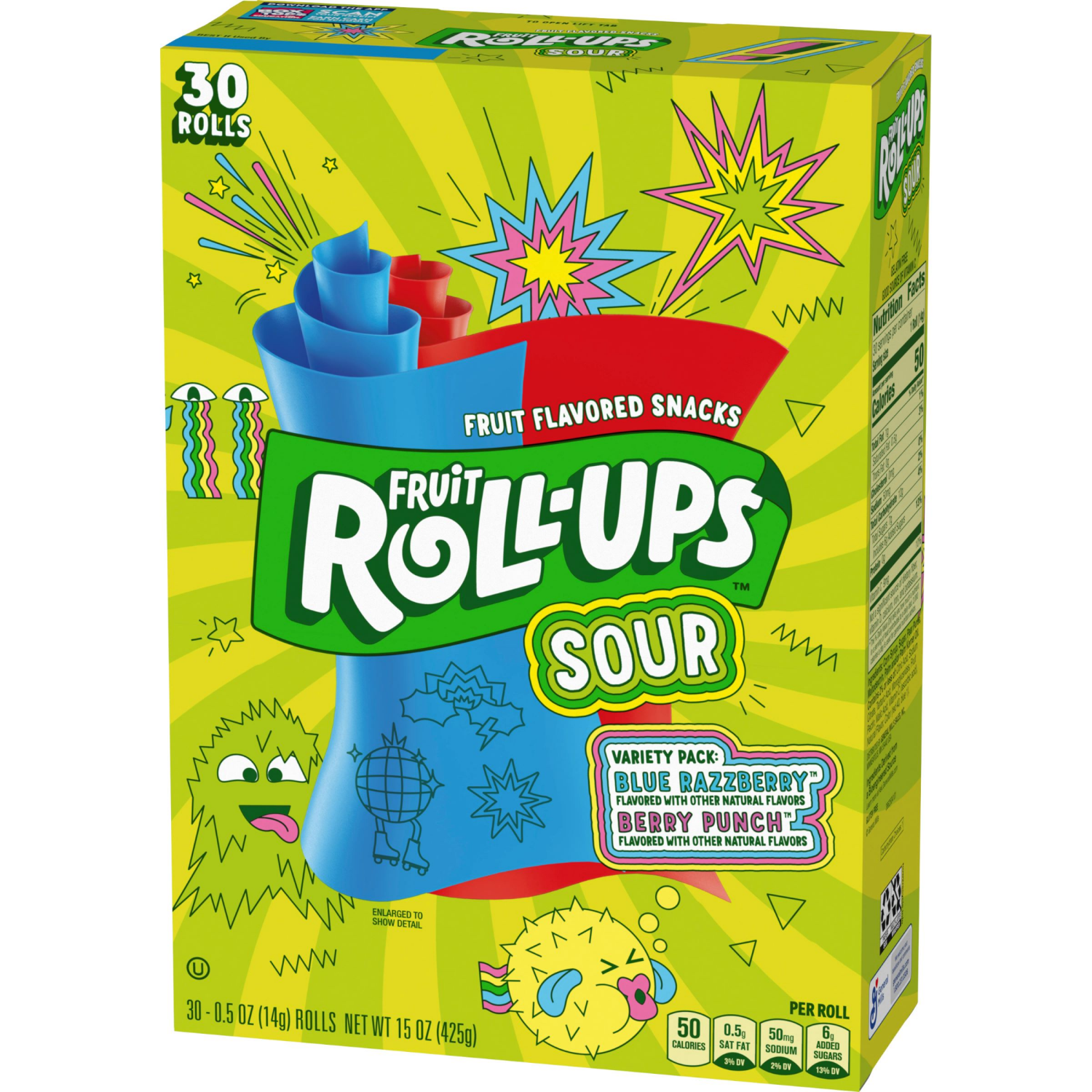 slide 6 of 6, Fruit Roll-Ups Sour Blue Razzberry & Berry Punch 30 Rolls - 15 oz, 15 oz