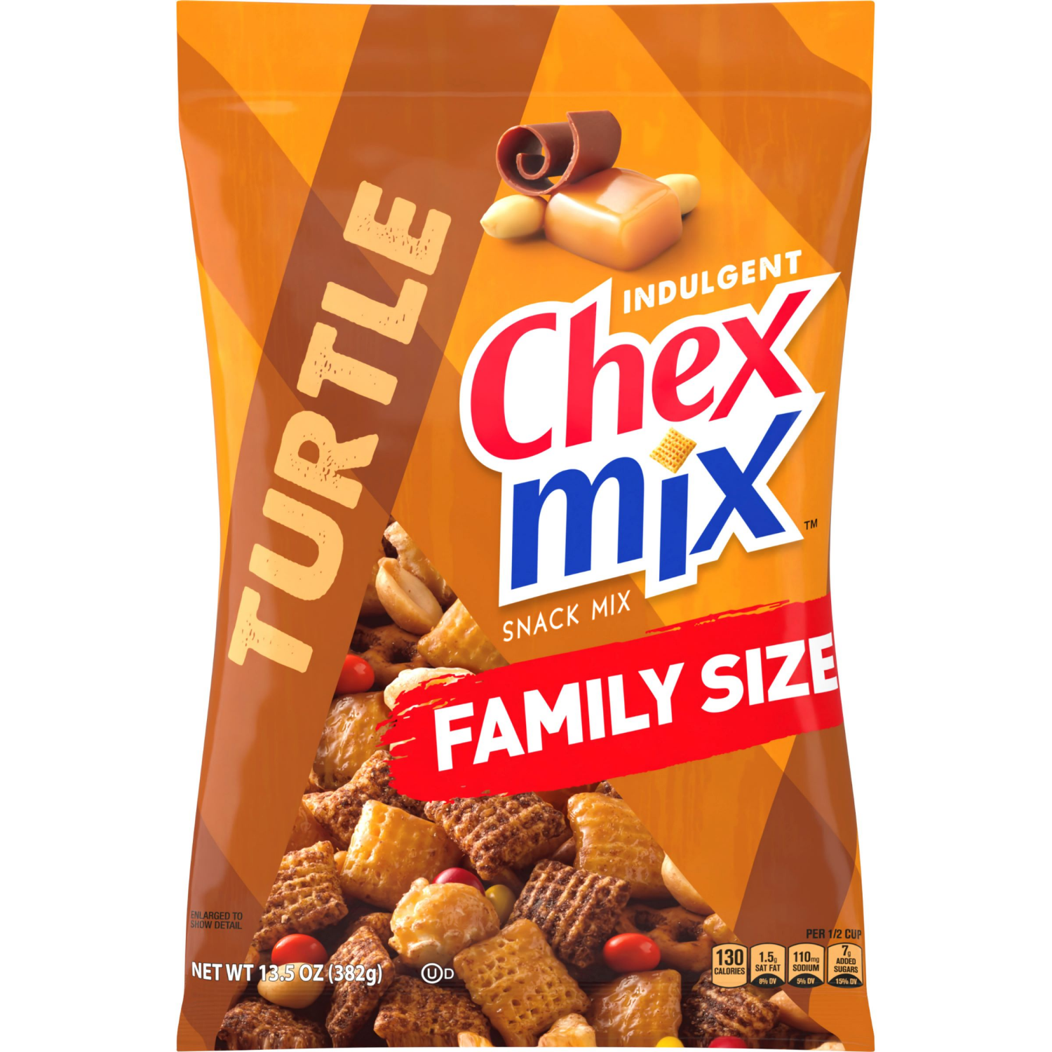 slide 1 of 2, Chex Mix Turtle Snack Mix, Indulgent Snacks, Family Size, 13.5 oz, 13.5 oz