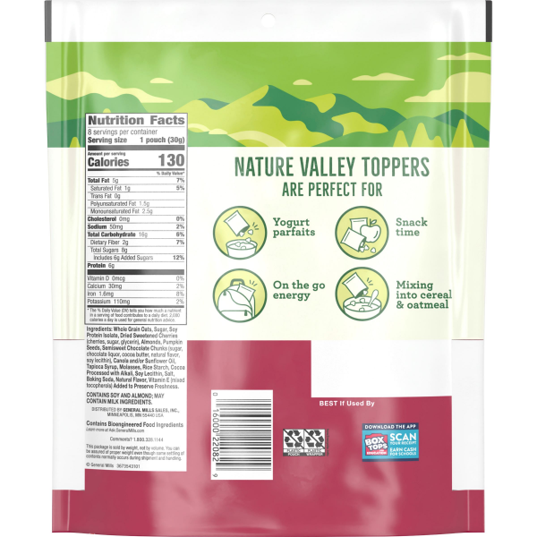 slide 8 of 13, Nature Valley Yogurt Toppers, Dark Chocolate Cherry, 8 Pouches, 8.4 oz