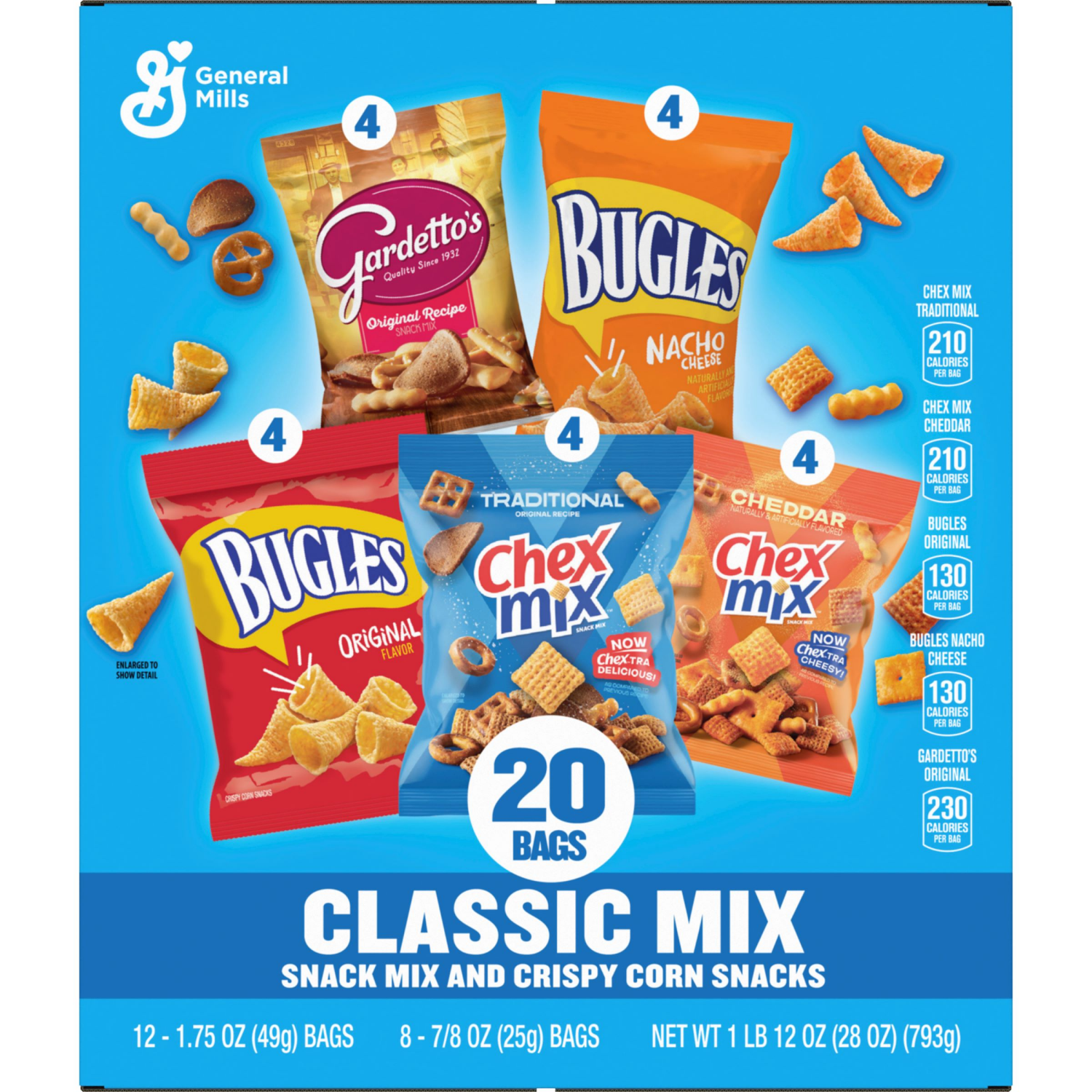 slide 2 of 8, General Mills Classic Mix Snack Variety Pack, Bugles Original and Nacho Cheese, Gardetto's Original Recipe, Chex Mix Traditional and Cheddar, 20 Ct, 28 oz, 20 ct