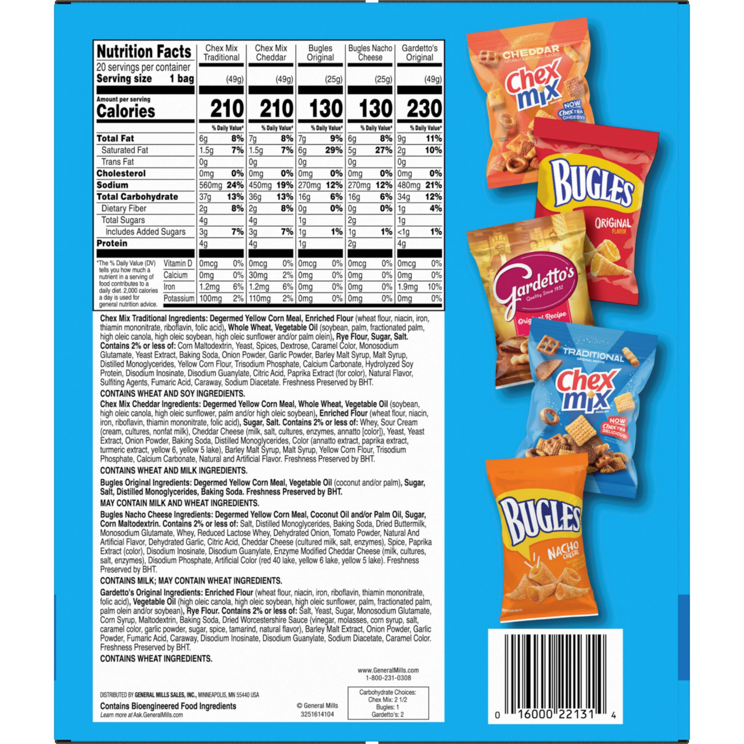 slide 5 of 8, General Mills Classic Mix Snack Variety Pack, Bugles Original and Nacho Cheese, Gardetto's Original Recipe, Chex Mix Traditional and Cheddar, 20 Ct, 28 oz, 20 ct