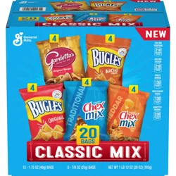General Mills Classic Mix Snack Variety Pack, Bugles Original and Nacho Cheese, Gardetto's Original Recipe, Chex Mix Traditional and Cheddar, 20 Ct, 28 oz