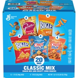 General Mills Classic Mix Snack Variety Pack, Bugles Original and Nacho Cheese, Gardetto's Original Recipe, Chex Mix Traditional and Cheddar, 20 Ct, 28 oz