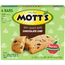 Mott's Soft Baked Bars, Chocolate Chip, 6-0.96 Oz Bars