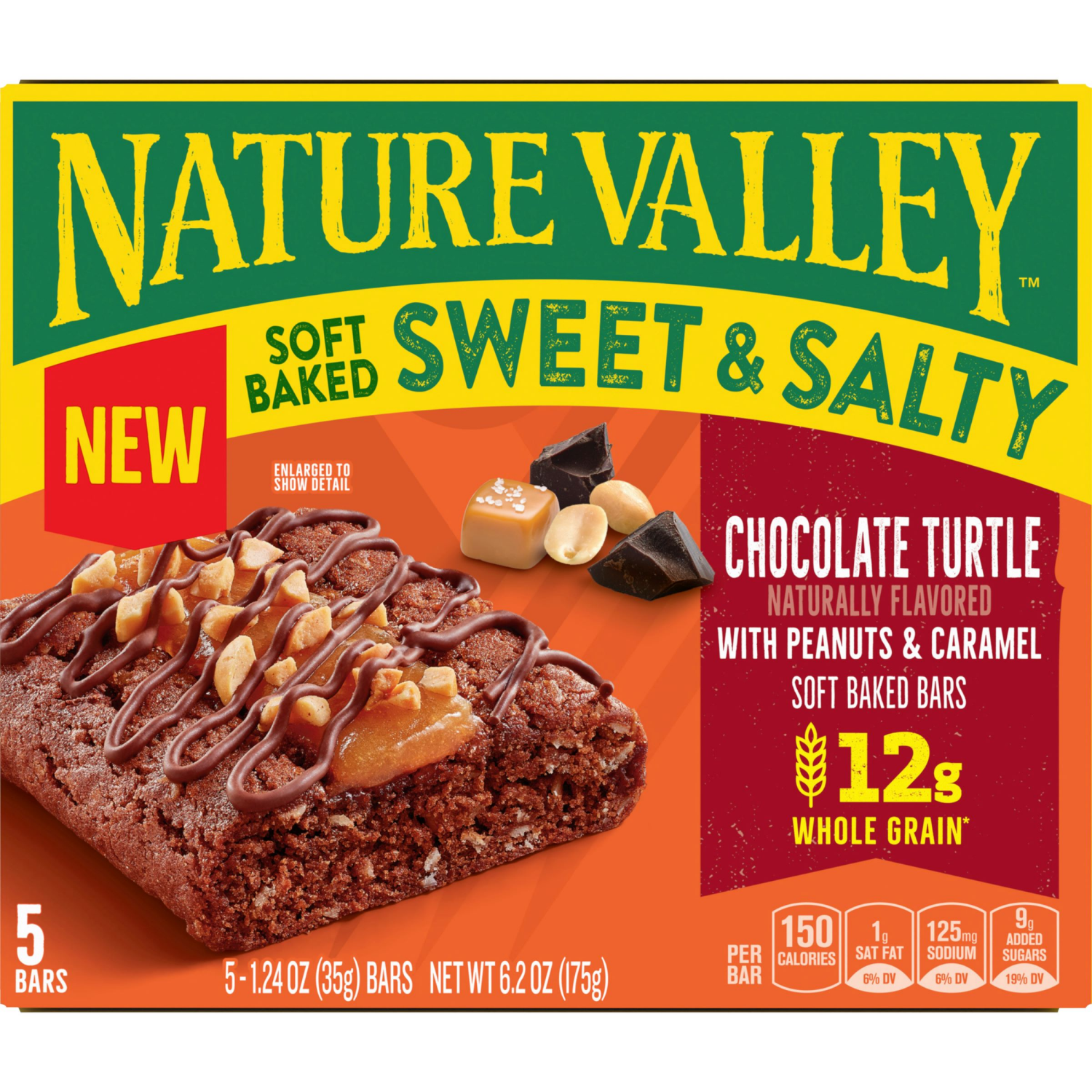 slide 2 of 4, Nature Valley Soft Baked Sweet and Salty Bars, Chocolate Turtle, Made with Whole Grain, 5 Bars, 6.2 oz, 5 ct