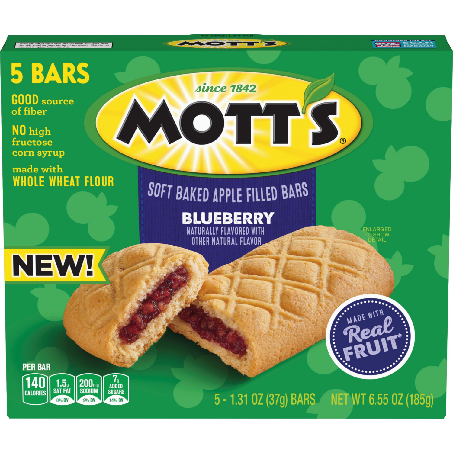 slide 1 of 6, Mott's Soft Baked Apple Filled Bars, Blueberry Flavor Snacks, Made with Real Fruit, 5 Ct, 6.55 oz, 5 ct