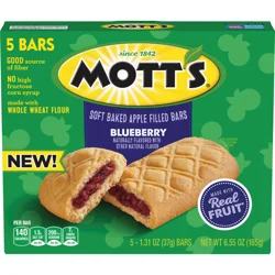 Mott's Soft Baked Apple Filled Bars, Blueberry Flavor Snacks, Made with Real Fruit, 5 Ct, 6.55 oz