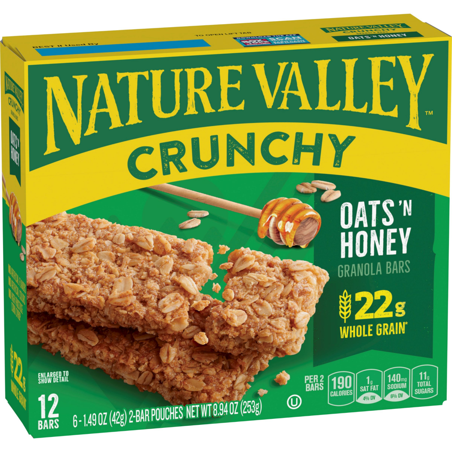 slide 5 of 6, Nature Valley Crunchy Granola Bars, Oats 'n Honey, 12 Ct, 8.94 oz (6 Pouches), 6 ct