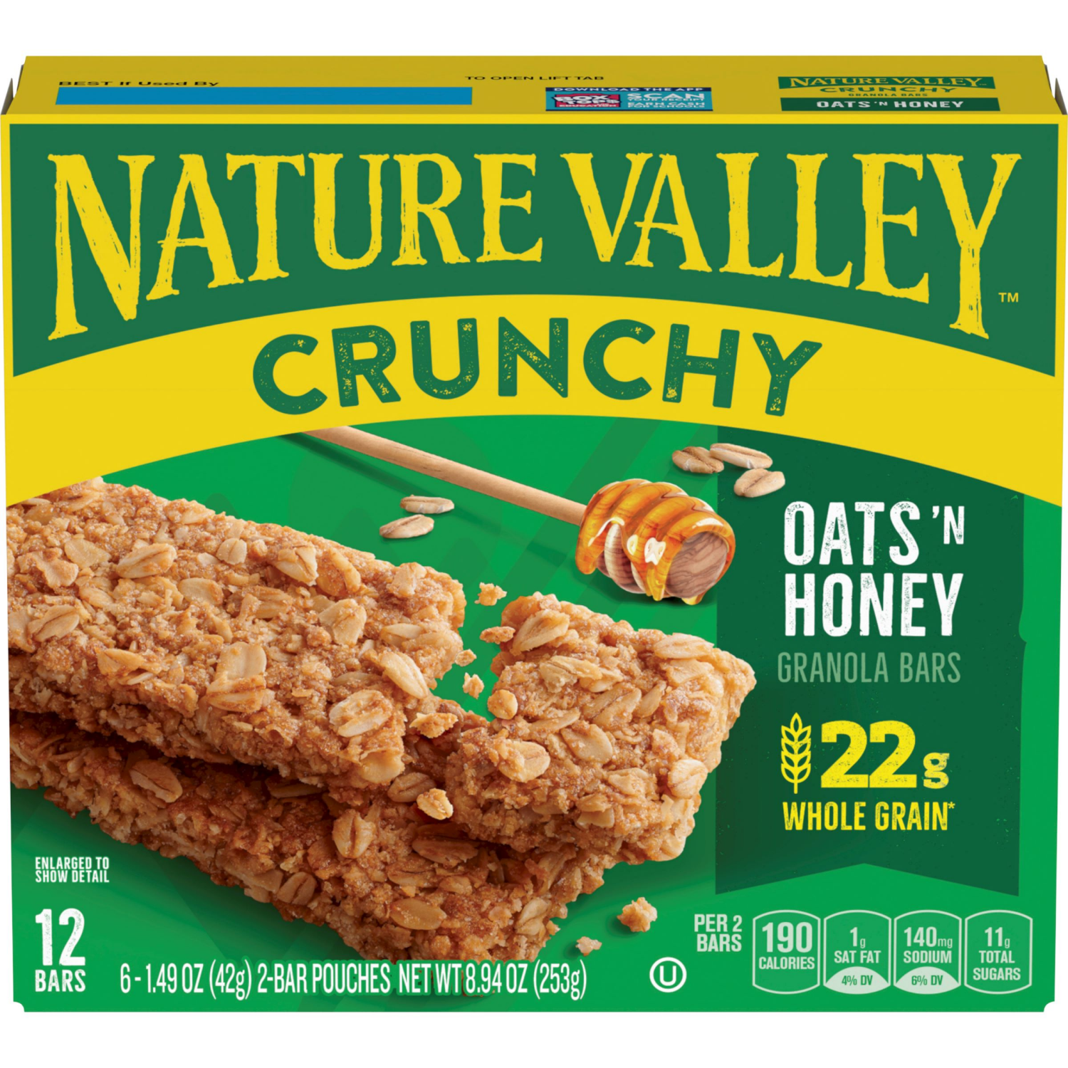 slide 1 of 6, Nature Valley Crunchy Granola Bars, Oats 'n Honey, 12 Ct, 8.94 oz (6 Pouches), 6 ct