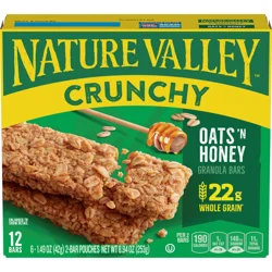 Nature Valley Crunchy Granola Bars, Oats 'n Honey, 12 Ct, 8.94 oz (6 Pouches)