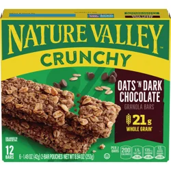 Nature Valley Crunchy Granola Bars, Oats 'n Dark Chocolate, 12 Ct, 8.94 oz (6 Pouches)