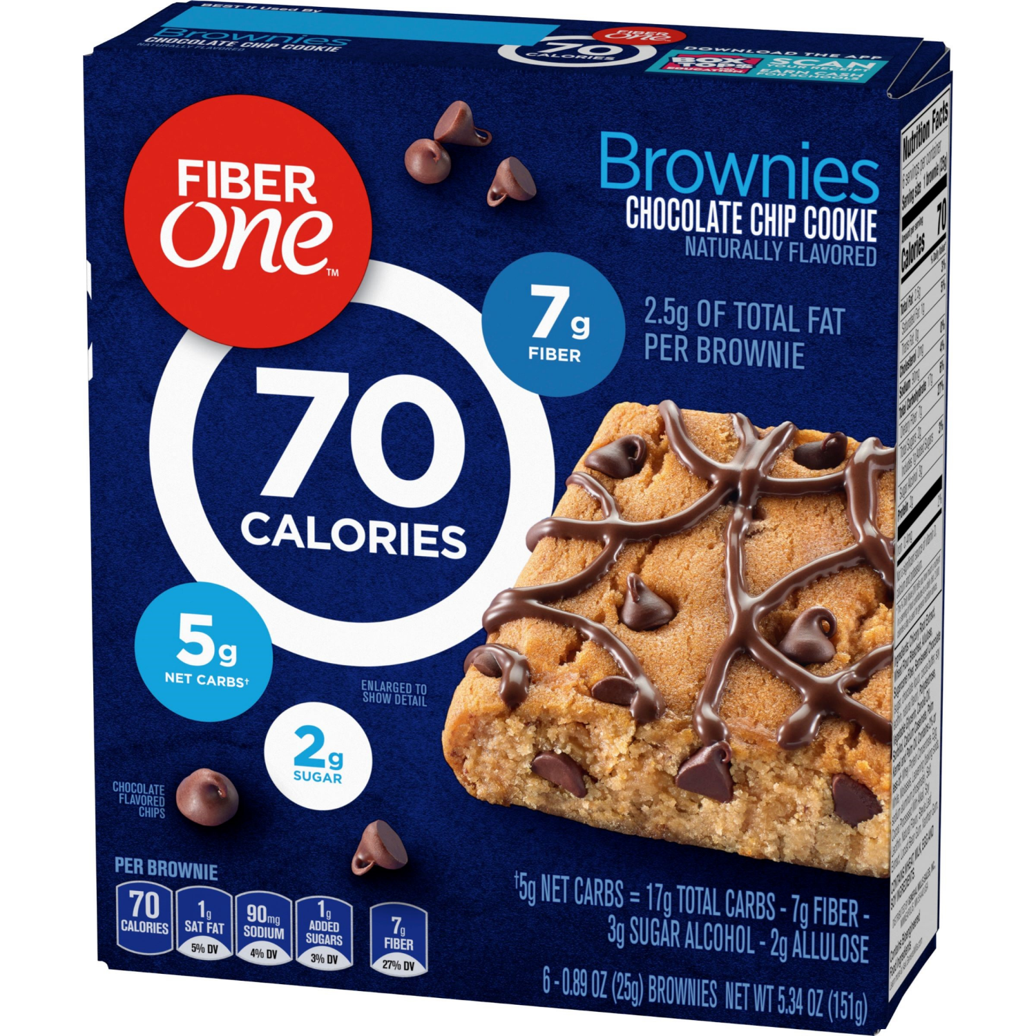 slide 6 of 6, Fiber One 70 Calorie Brownies, Chocolate Chip Cookie, Snack Bars, 6 Bars, 5.34 oz, 6 ct