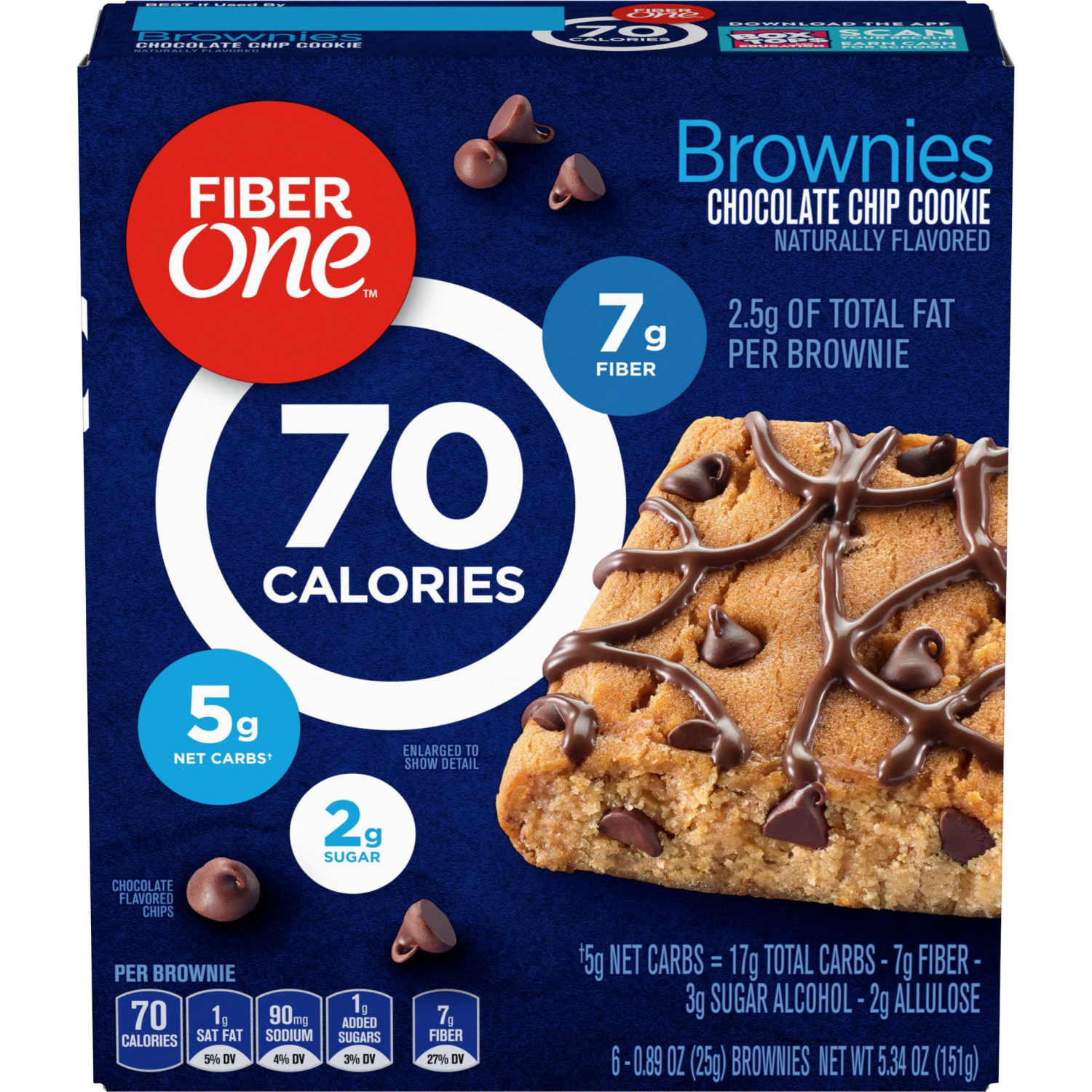 slide 1 of 6, Fiber One 70 Calorie Brownies, Chocolate Chip Cookie, Snack Bars, 6 Bars, 5.34 oz, 6 ct