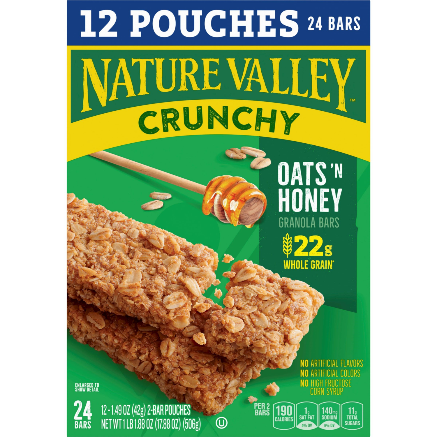 slide 2 of 6, Nature Valley Crunchy Granola Bars, Oats 'n Honey, 24 Bars, 17.88 OZ (12 Pouches), 24 ct