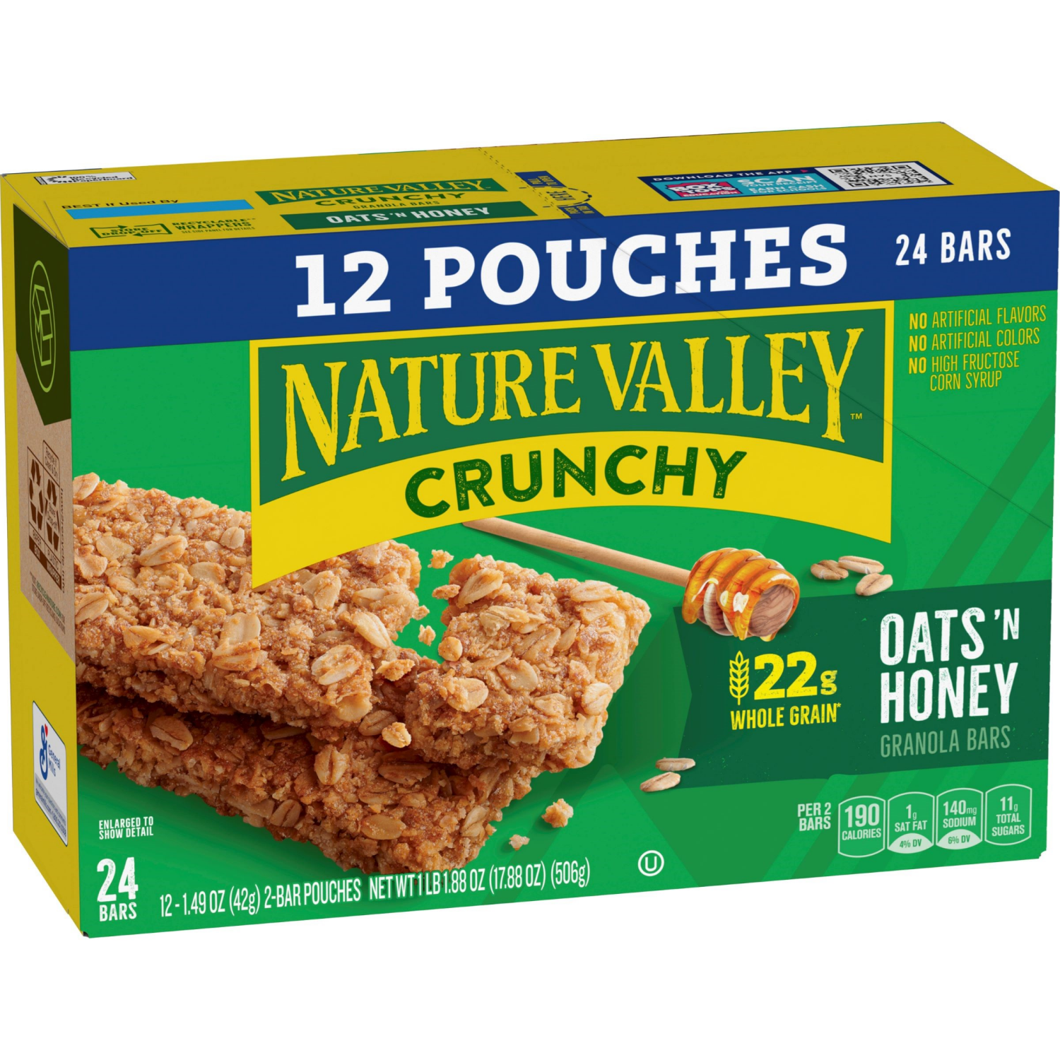 slide 5 of 6, Nature Valley Crunchy Granola Bars, Oats 'n Honey, 24 Bars, 17.88 OZ (12 Pouches), 24 ct