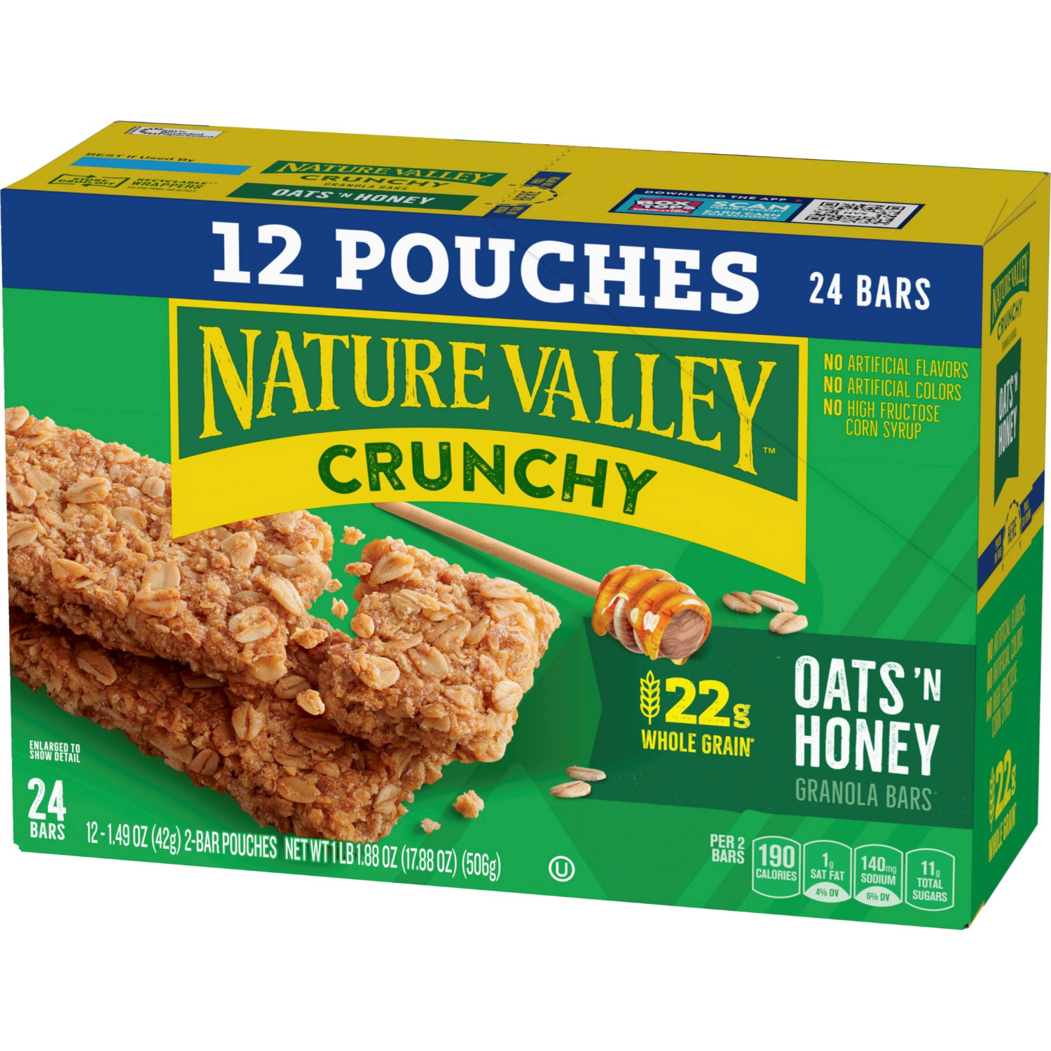 slide 6 of 6, Nature Valley Crunchy Granola Bars, Oats 'n Honey, 24 Bars, 17.88 OZ (12 Pouches), 24 ct