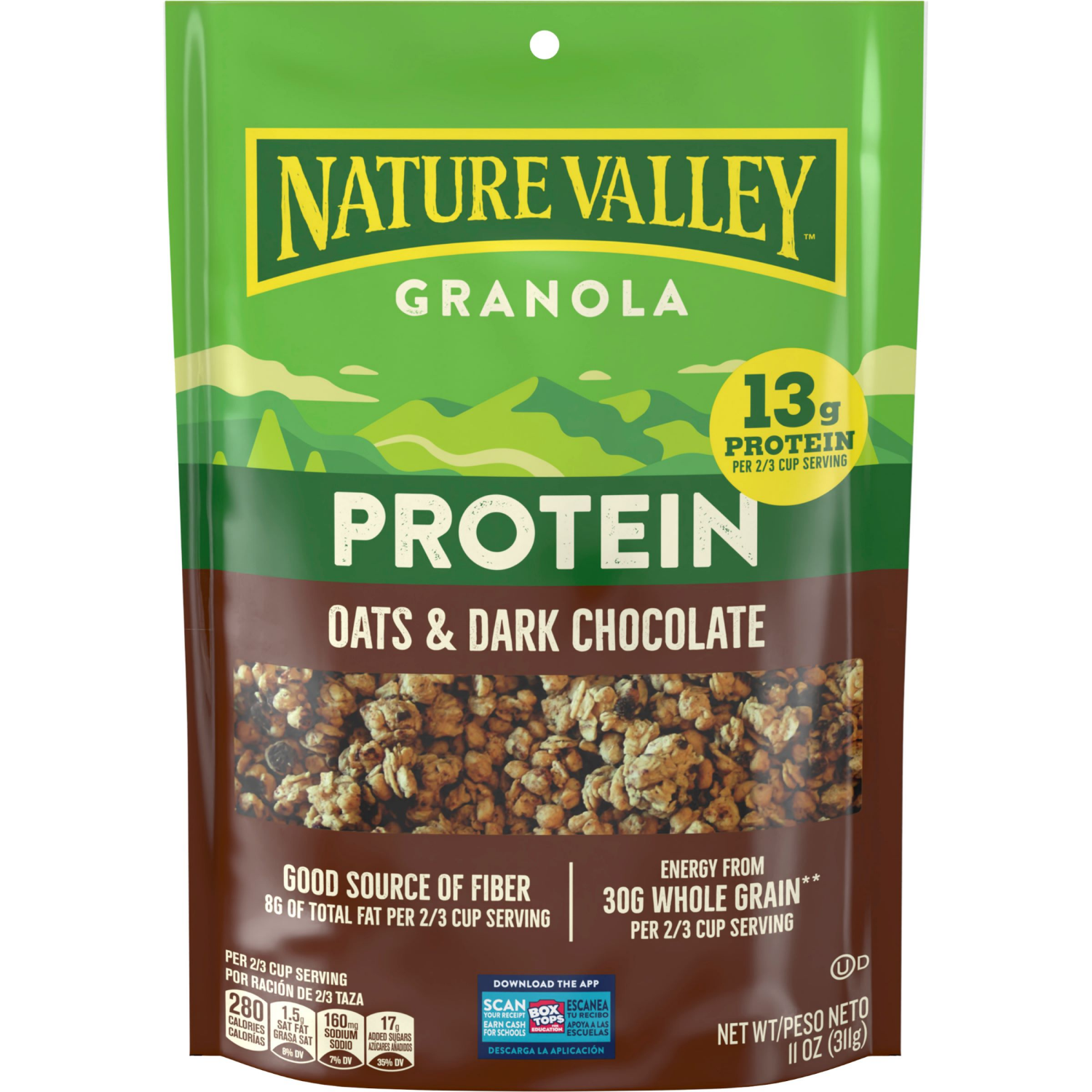 slide 1 of 6, Nature Valley Protein Granola, Oats and Dark Chocolate, Resealable Bag, 11 OZ, 11 oz