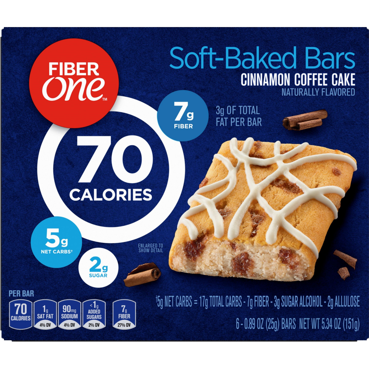 slide 2 of 6, Fiber One 70 Calorie Soft-Baked Bars, Cinnamon Coffee Cake, 6 Bars, 5.34 oz, 6 ct