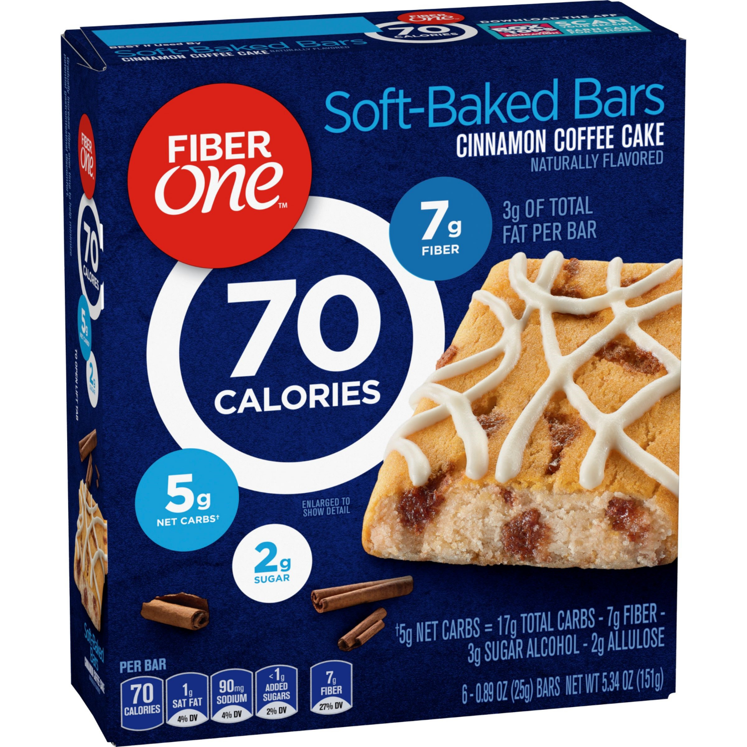 slide 5 of 6, Fiber One 70 Calorie Soft-Baked Bars, Cinnamon Coffee Cake, 6 Bars, 5.34 oz, 6 ct