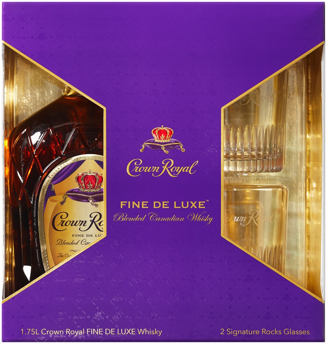 slide 2 of 4, Crown Royal Fine De Luxe Blended Canadian Whisky, 1.75 L Bottle with Two Signature Rocks Glasses, 1.75 liter