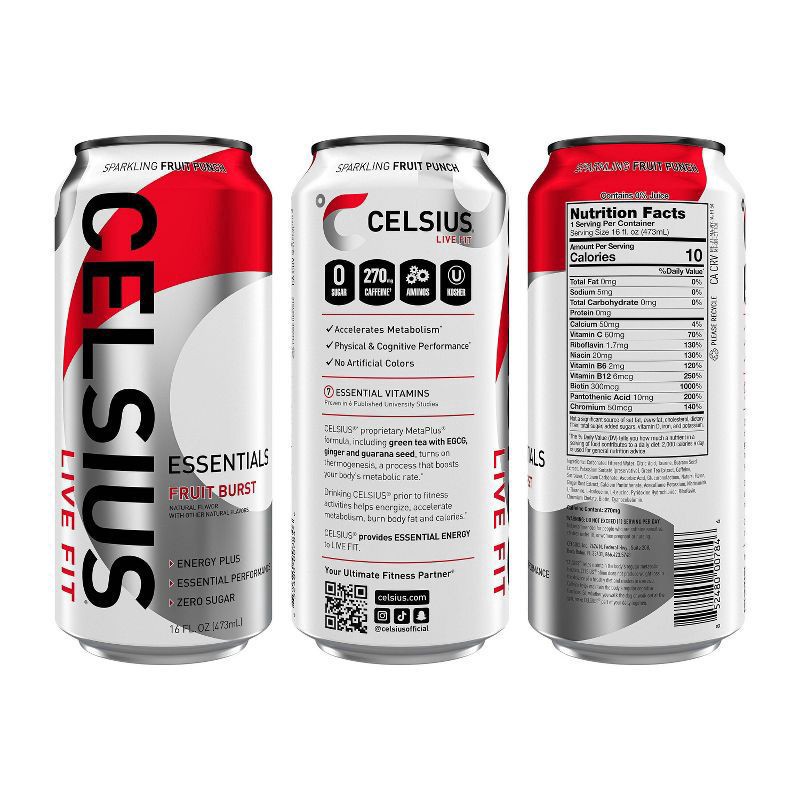 slide 4 of 4, CELSIUS ESSENTIALS, Sparkling Fruit Burst, Performance Energy Drink 16 Fl Oz Single Can, 16 fl oz
