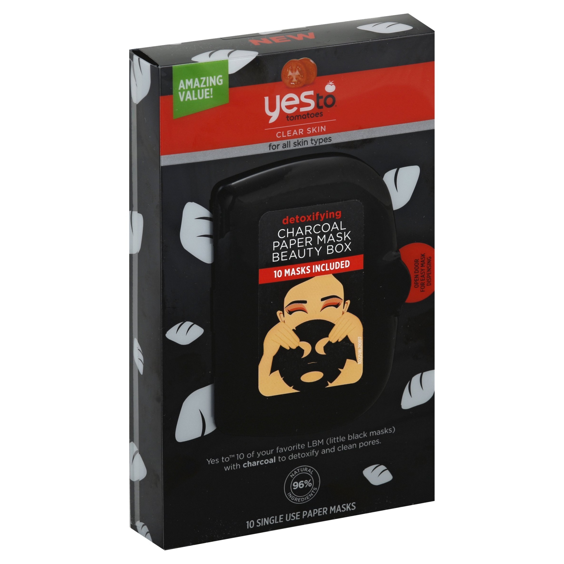 slide 1 of 1, Yes to Tomatoes Detoxifying Charcoal Paper Mask Beauty Box, 10 ct