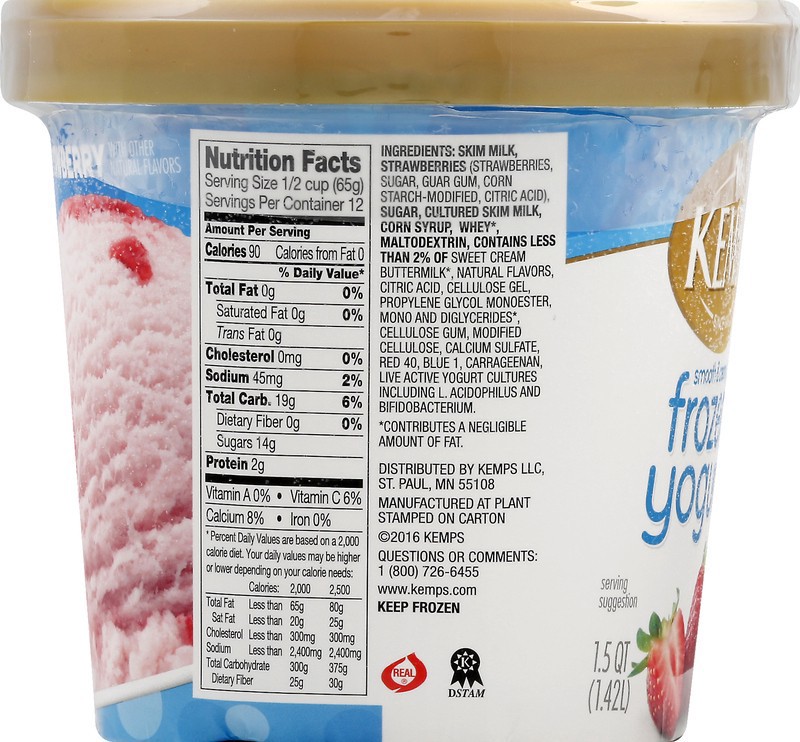 slide 5 of 5, Kemps Frozen Yogurt, Fat Free, Strawberry, Smooth & Creamy, 48 oz