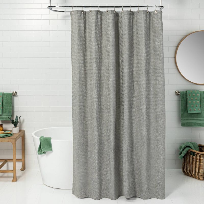 slide 2 of 4, 72"x72" Waffle Weave Shower Curtain Gray - Threshold™: Cotton Blend, Grommet Top, Machine Washable, 1 ct