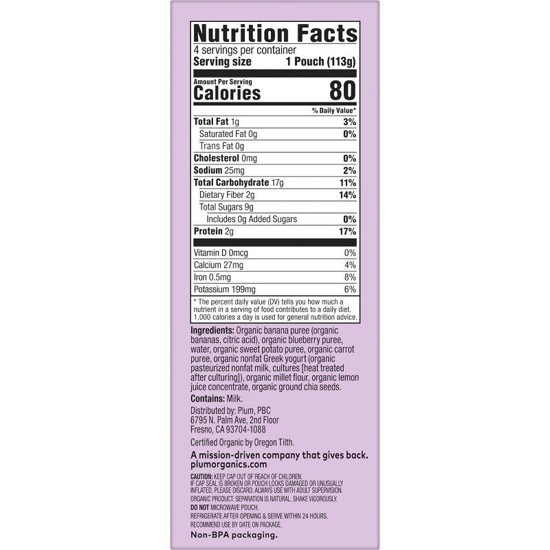 slide 10 of 11, Plum Organics Mighty 4 - Banana Blueberry Sweet Potato Carrot Greek Yogurt Millet - 4oz/4ct, 4 ct; 4 oz