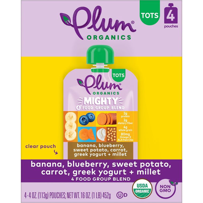 slide 1 of 11, Plum Organics Mighty 4 - Banana Blueberry Sweet Potato Carrot Greek Yogurt Millet - 4oz/4ct, 4 ct; 4 oz