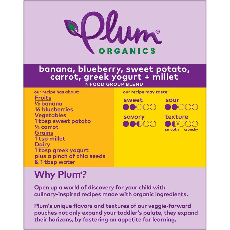 slide 7 of 11, Plum Organics Mighty 4 - Banana Blueberry Sweet Potato Carrot Greek Yogurt Millet - 4oz/4ct, 4 ct; 4 oz