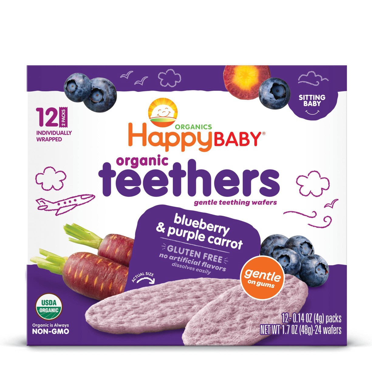 slide 9 of 10, Happy Baby Blueberry Purple Carrot Teething Wafers, 12 ct; 0.14 oz