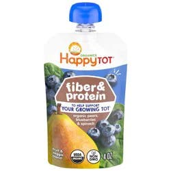 HappyTot Happy Tot Fiber & Protein Organic Pears, Blueberries & Spinach Toddler Pouch - 4oz: Kosher Pureed Meal, 24M+