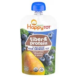 HappyTot Happy Tot Fiber & Protein Organic Pears, Blueberries & Spinach Toddler Pouch - 4oz: Kosher Pureed Meal, 24M+