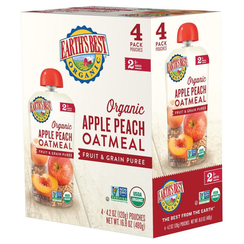 slide 1 of 3, Earth's Best Organic 4pk Apple Peach Oatmeal Baby Food Pouch - 16.8oz, 4 ct, 16.8 oz