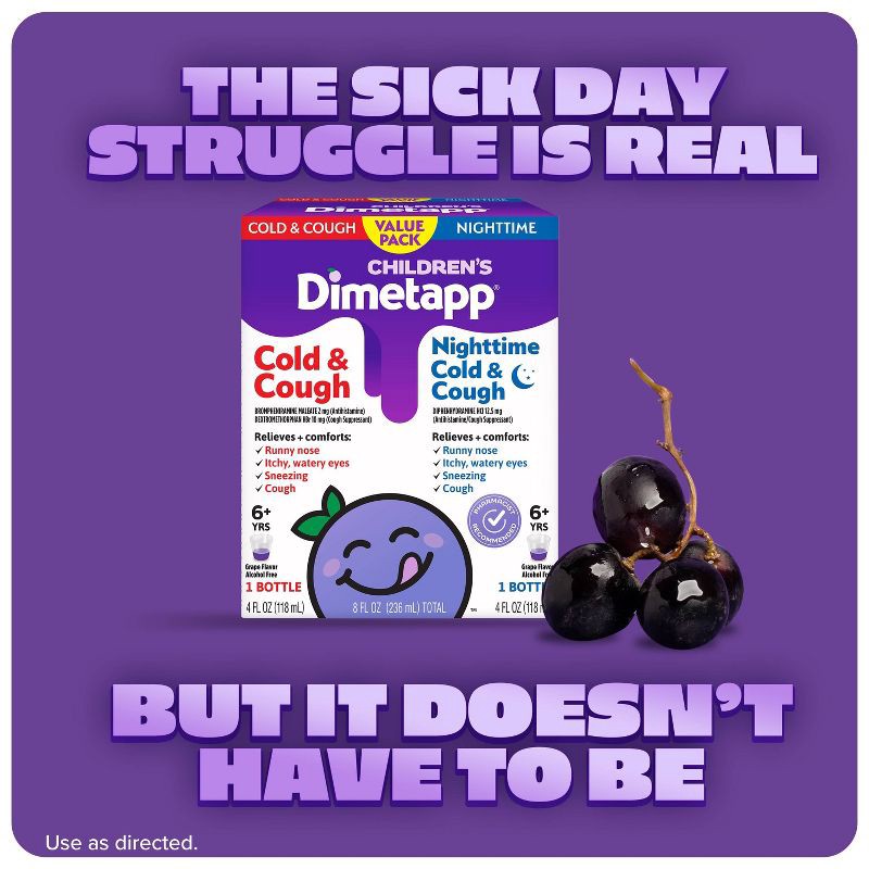 slide 3 of 11, Children's Dimetapp Day/Night Cold, Cough & Congestion Relief Liquid - Dextromethorphan - Grape Flavor - 4 fl oz/2pk, 2 ct; 4 fl oz