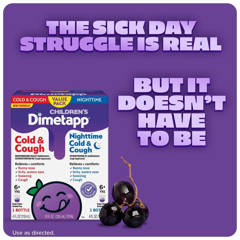 slide 3 of 6, Children's Dimetapp Day/Night Cold, Cough & Congestion Relief Liquid - Dextromethorphan - Grape Flavor - 4 fl oz/2pk, 2 ct; 4 fl oz