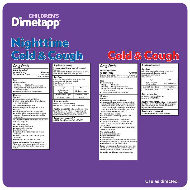 slide 6 of 6, Children's Dimetapp Day/Night Cold, Cough & Congestion Relief Liquid - Dextromethorphan - Grape Flavor - 4 fl oz/2pk, 2 ct; 4 fl oz
