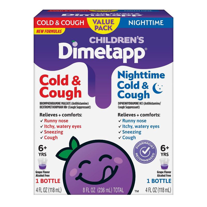 slide 1 of 6, Children's Dimetapp Day/Night Cold, Cough & Congestion Relief Liquid - Dextromethorphan - Grape Flavor - 4 fl oz/2pk, 2 ct; 4 fl oz